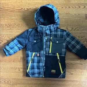 Obermeyer Blue Plaid Jacket with Yellow Zippers